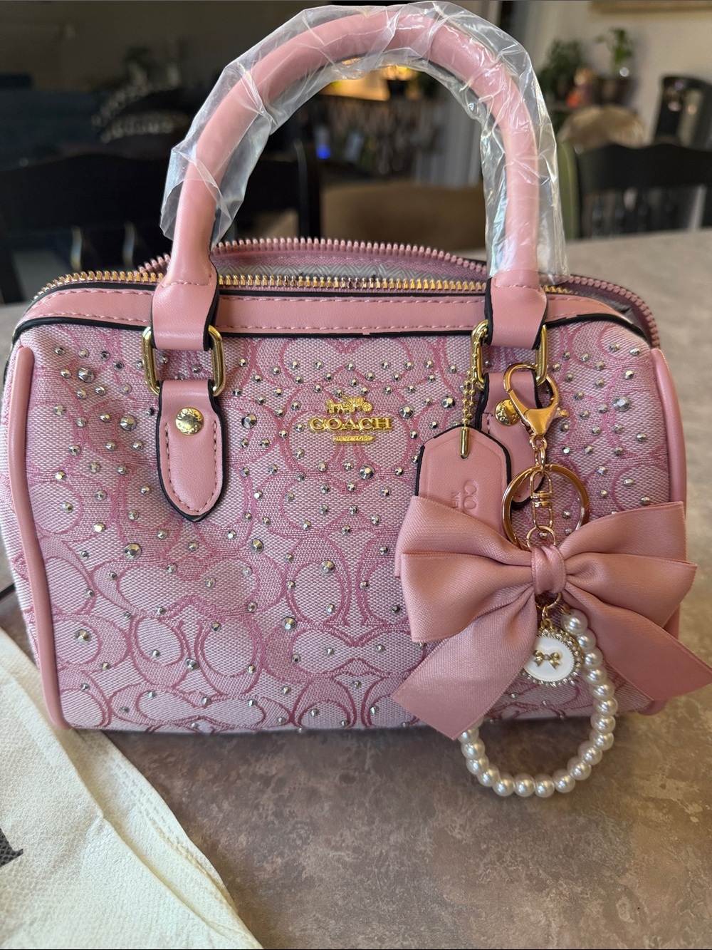 Coach Pink Crystal-Embellished Signature Satchel with Bow Charm